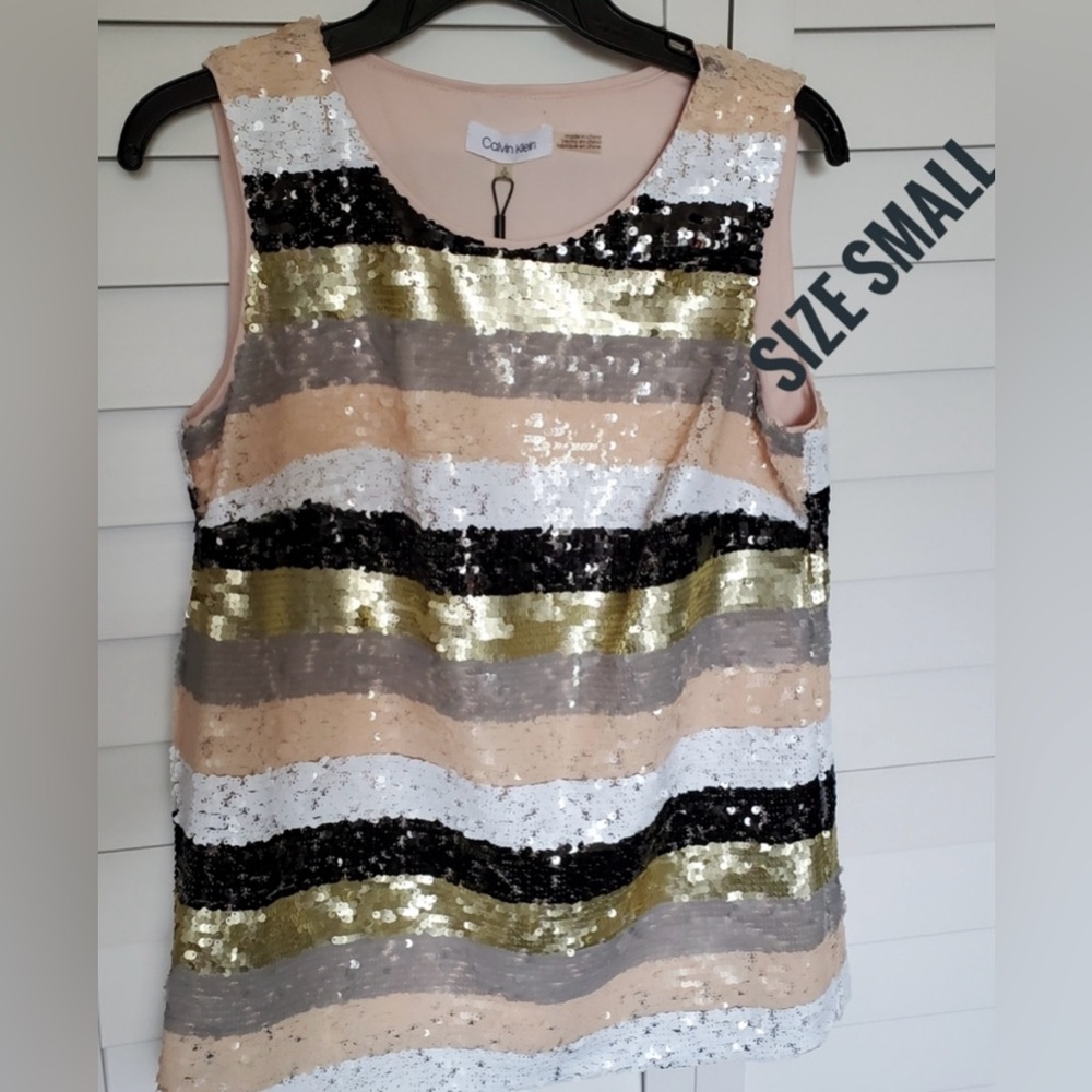 NWT Calvin Klein Sequin Multicolor Stripe Blouse